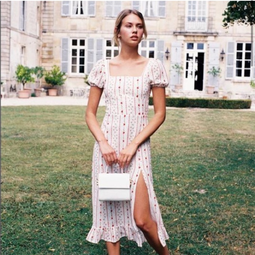 With Jean White Midi Dress with Red Floral Print